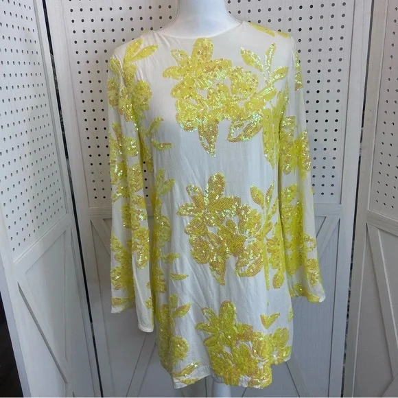 Endless Rose Women's Yellow Floral Sequin Overlay Mini Dress - Picture 1 of 7